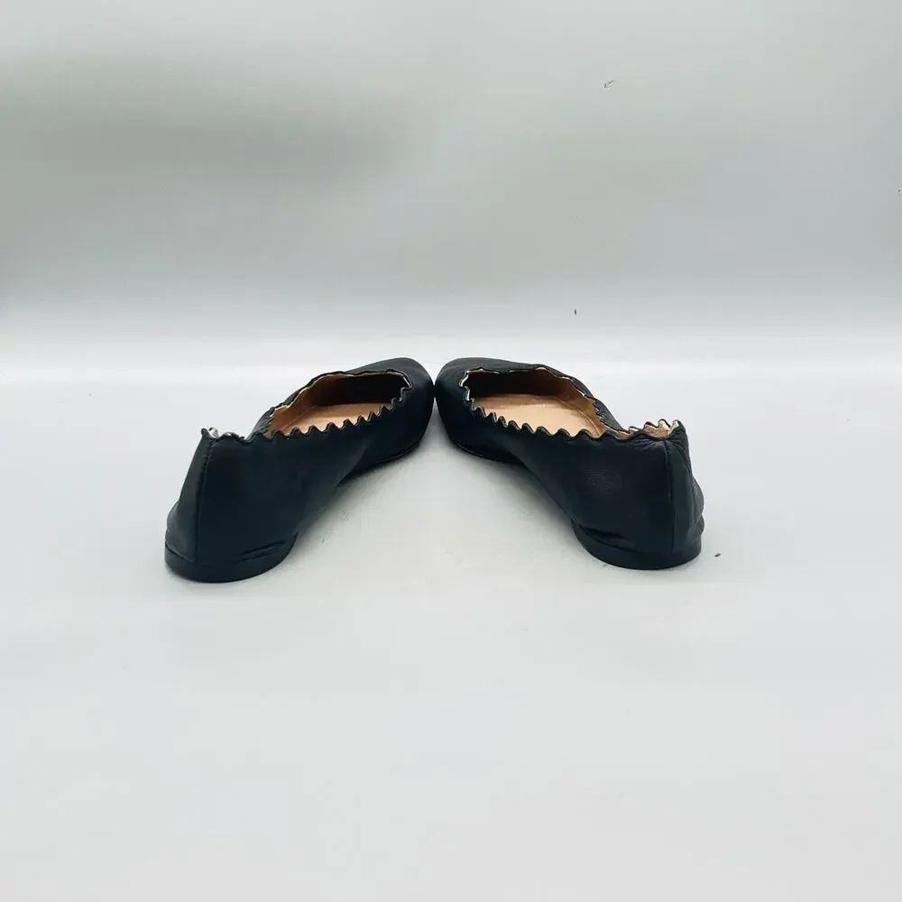 Chloe Shoes Womens 7 Black Leather Lauren Ballet Flats Scalloped Slip On Comfort